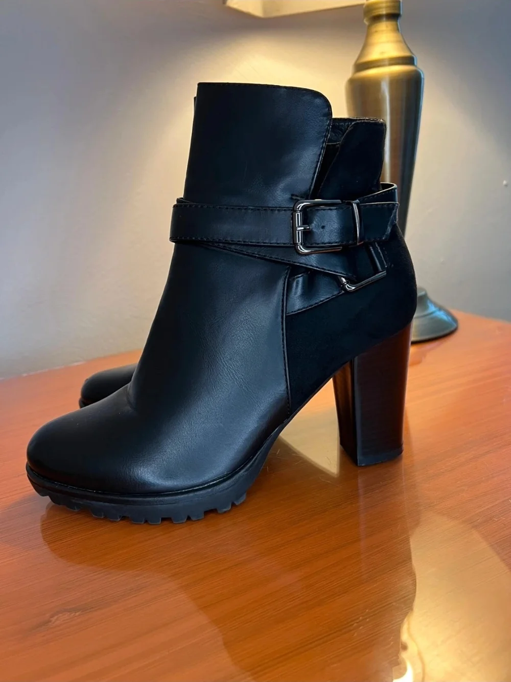 Black Women's High Heel Ankle Boot with Buckle Strap